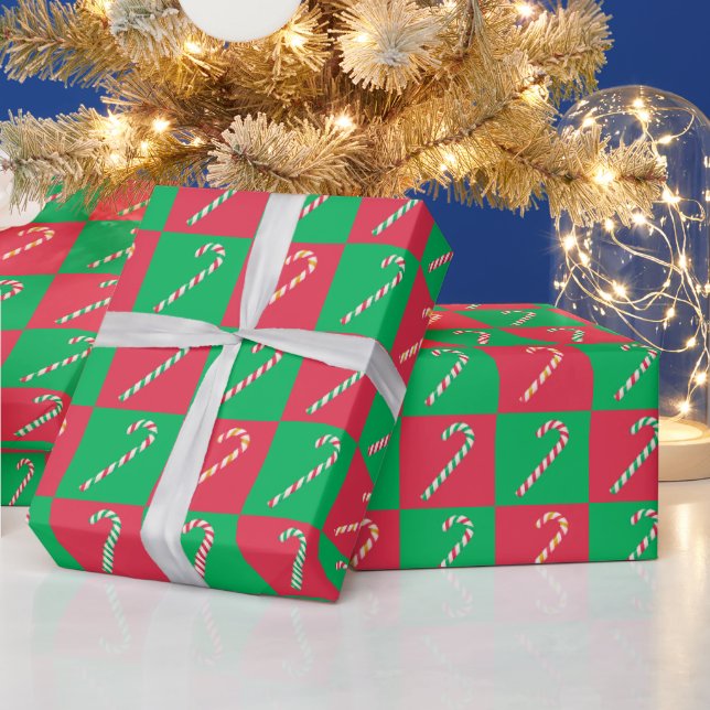 Modern Christmas Checked Red Green Candy Cane Wrapping Paper (Holidays)