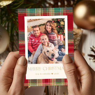 Modern Christmas classic red green plaid 1 photo Holiday Card