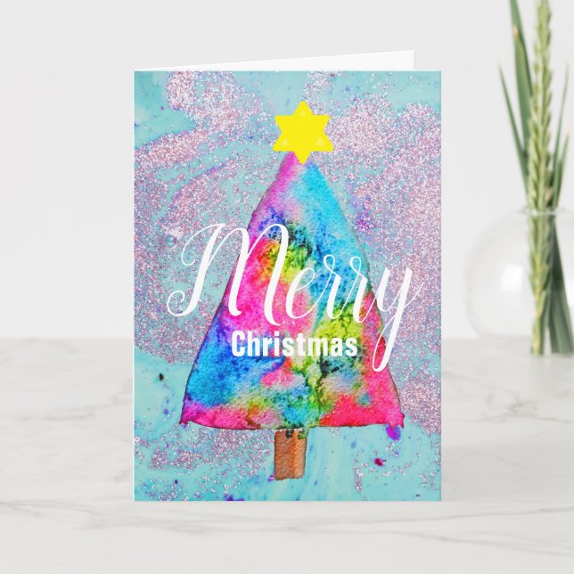 Modern Christmas colourful blue and pink glitter Holiday Card (Front)