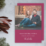 Modern Christmas | Couple Photo Burgundy Maroon Holiday Card<br><div class="desc">Stylish modern holiday photo flat photo card with a classic typography quote "warm holiday wishes - from our family to yours" paired with a handwritten script font for your family name in white on a burgundy ruby maroon crimson scarlet wine red background. The greeting and name can be easily customized...</div>