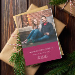 Modern Christmas | Couple Photo Burgundy Maroon Holiday Card<br><div class="desc">Stylish modern holiday photo folded photo card with a classic typography quote "warm holiday wishes - from our family to yours" paired with a handwritten script font for your family name in white on a burgundy ruby maroon crimson scarlet wine red background. The greeting and name can be easily customised...</div>