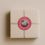 Modern Christmas Couple Photo Return Address Label<br><div class="desc">Upgrade your holiday mail with this elegant Christmas themed red round return address sticker. Featuring a couple’s photo at the centre, framed by a decorative Greek meander border and curved text for your address. This modern vintage yet festive sticker is perfect for Christmas cards, letters, or holiday invites. A timeless...</div>