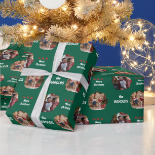 Modern Christmas Custom Family Photo Green Wrapping Paper