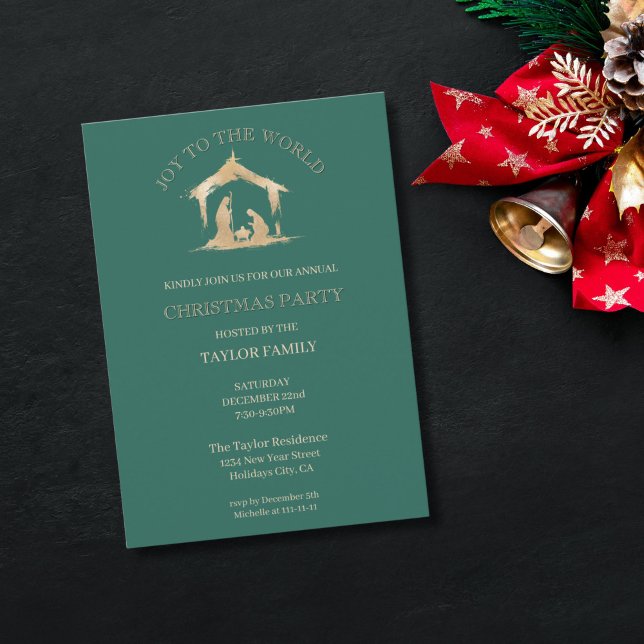 Modern Christmas Dinner Party Religious Nativity Holiday Card (religious christmas family party invitation with green background and gold nativity scene)
