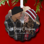 Modern Christmas Elegant White Script Photo Gift Tree Decoration Card<br><div class="desc">Elegant Merry Christmas photo ornament with beautiful white cursive typography over your couple or family photograph. This modern holiday photograph gift features gorgeous script and your name in white over the full bleed picture. Personalise with a second photo on the back.</div>