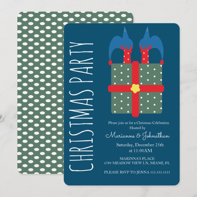 Modern Christmas Elf In Present Holiday Party Invitation (Front/Back)