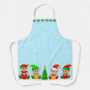 Modern Christmas Elf Squad on Light Blue Apron