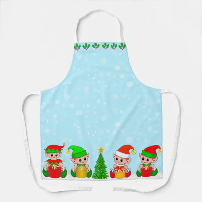 Modern Christmas Elf Squad on Light Blue Apron (Front)