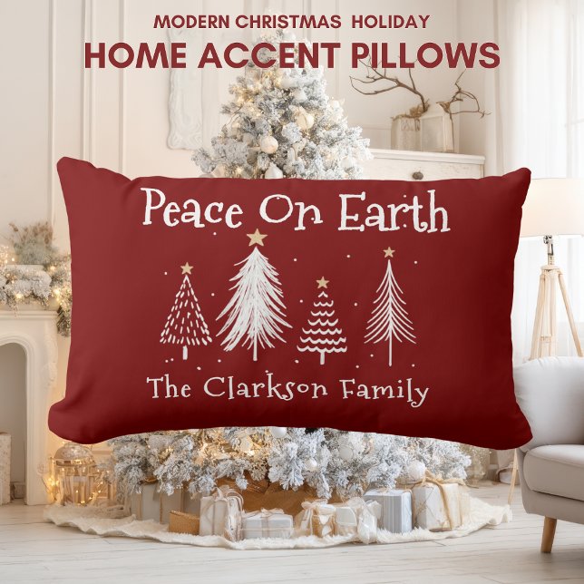 Modern Christmas - Family Name - Peace On Earth  Lumbar Cushion (Modern Christmas Holiday - Family Name - Peace On Earth Lumbar Pillow)