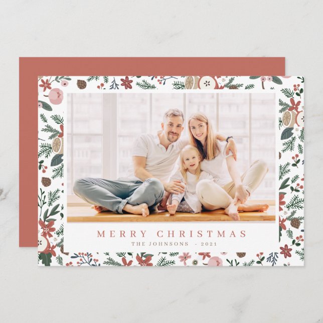 Modern Christmas Floral Foliage Botanical Pattern Holiday Card (Front/Back)