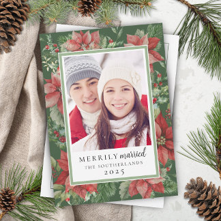 Modern Christmas Floral Merrily Married Newlywed Holiday Card