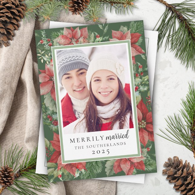 Modern Christmas Floral Merrily Married Newlywed Holiday Card (elegant green and red poinsettia floral merrily married newlyweds christmas cards with messages)