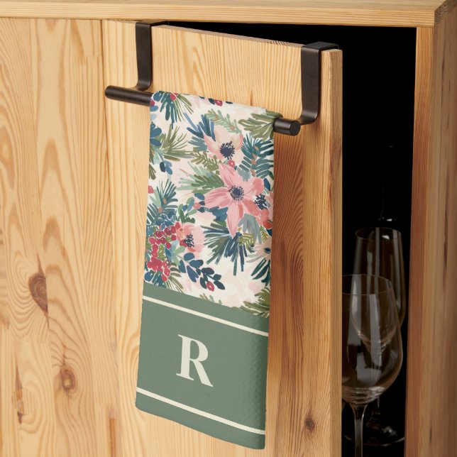 Modern Christmas Floral Monogram Tea Towel (Thirds Fold)
