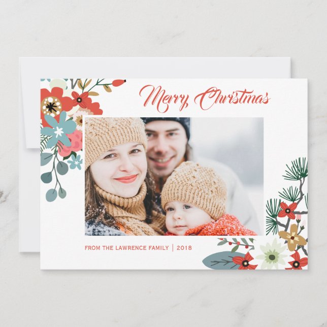 Modern Christmas Flowers Foliage Photo Holiday Card (Front)
