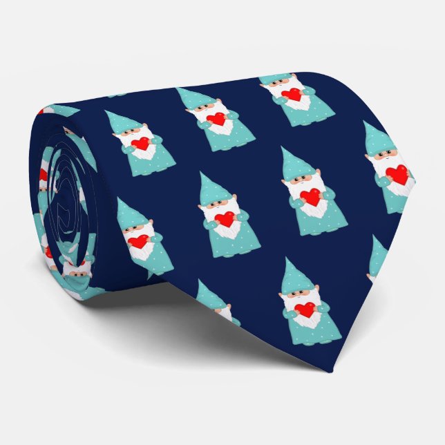 Modern Christmas Gnome Pattern on Navy Blue Tie (Rolled)