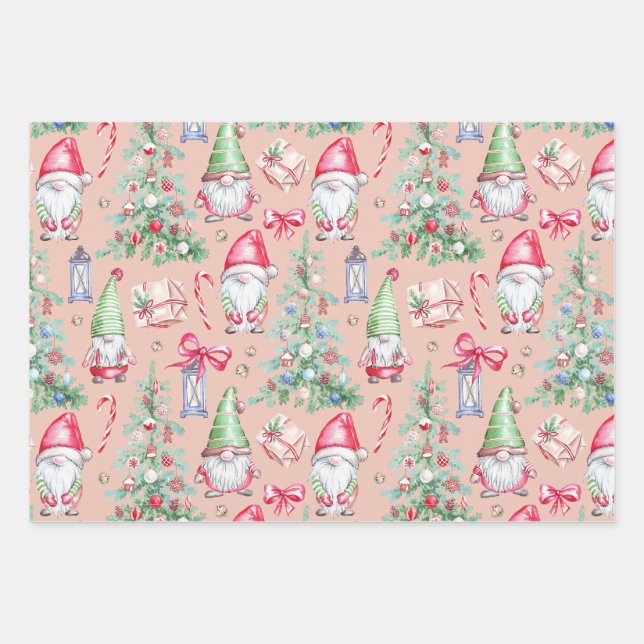 Modern Christmas Gnome Watercolor Pattern Wrapping Paper Sheet (Front)