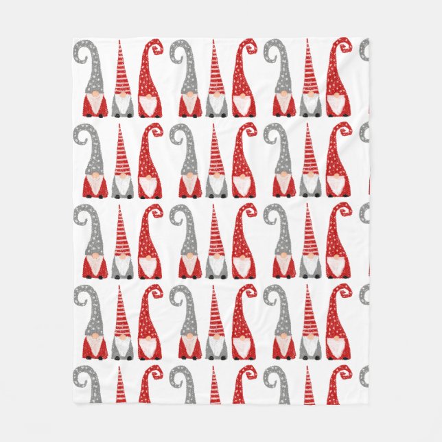 Modern Christmas Gnomes Dwarves Red Grey Pattern Fleece Blanket (Front)