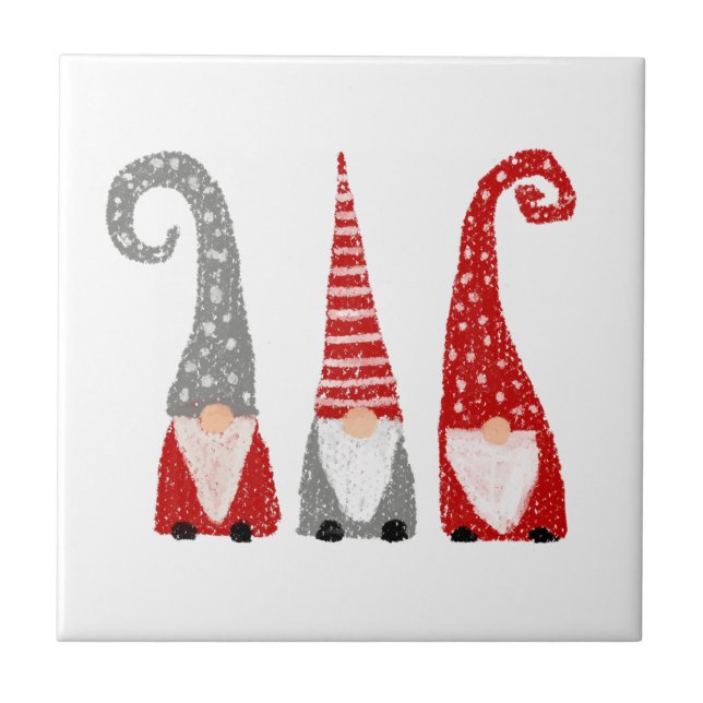 Modern Christmas Gnomes Red Grey White Nordic Tile (Front)