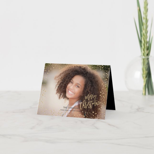 Modern Christmas Gold & Black Dots Lettering Photo Holiday Card (Front)