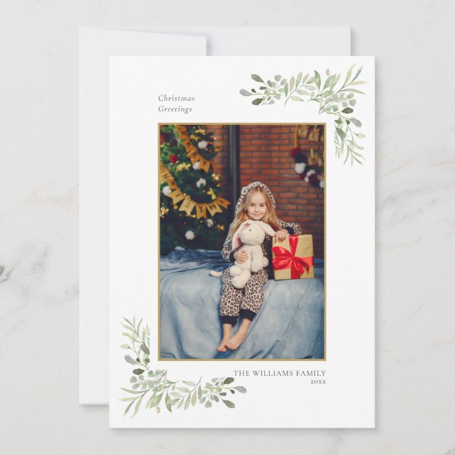 Modern Christmas Gold Geometric Greenery Photo Holiday Card (Front)