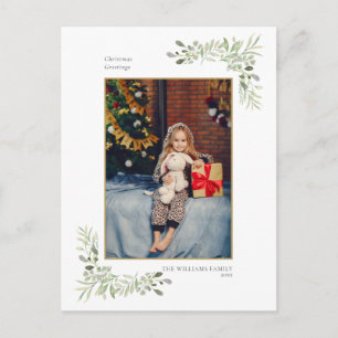 Modern Christmas Gold Geometric Greenery Photo Holiday Postcard