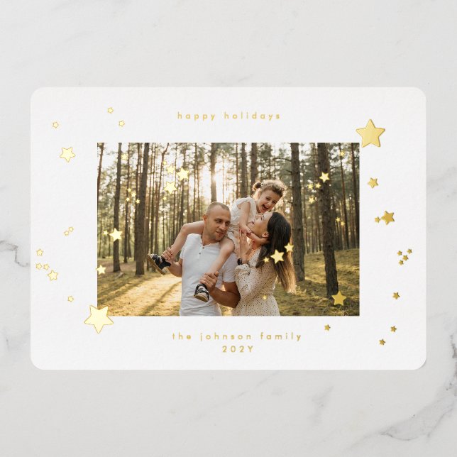 Modern Christmas Gold Pressed Stars Photo Happy (Front)