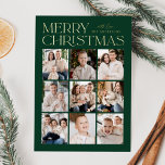 Modern Christmas Green 9 Photo Collage<br><div class="desc">Modern Christmas photo card featuring "Merry Christmas" displayed at the top of the design in trendy gold foil lettering with a green background. A photo collage of 9 photos is shown below in a grid-style layout. Personalize the multi-photo Christmas card with your family name. The foil card reverses to display...</div>