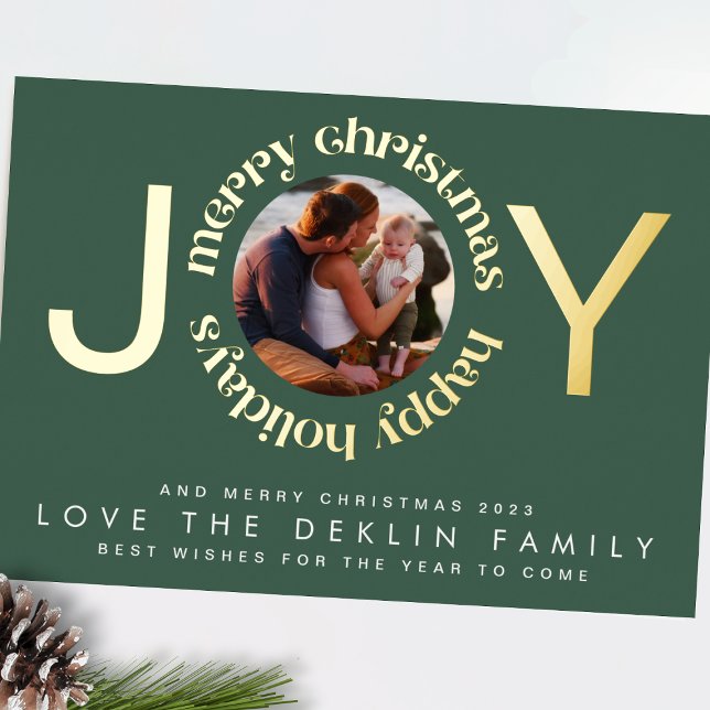 Modern Christmas Green GOLD JOY Wreath Photo (Creator Uploaded)