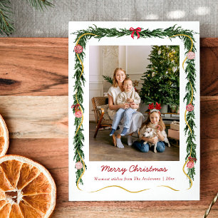 Modern Christmas Greenery and Bows 1 Photo Holiday Card