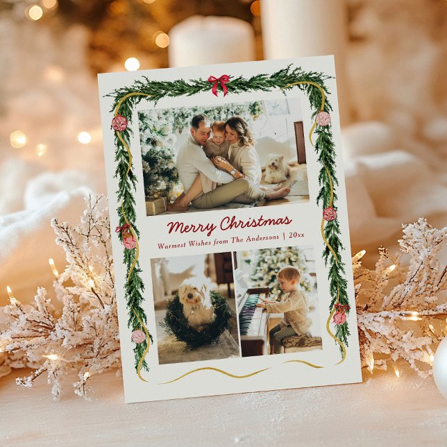 Modern Christmas Greenery and Bows 3 Photo Holiday Card (Creator Uploaded)