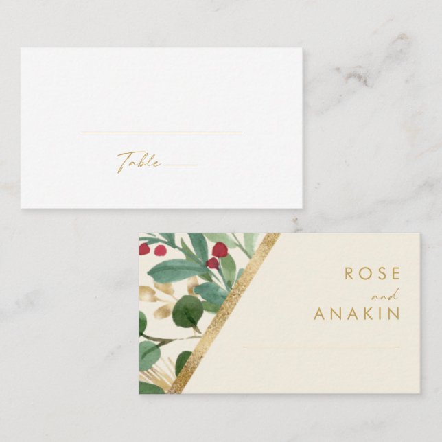 Modern Christmas Greenery | Cream Flat Wedding Place Card (Front/Back)
