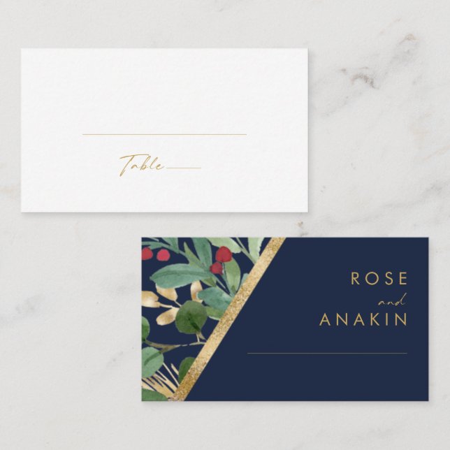 Modern Christmas Greenery | Navy Flat Wedding Place Card (Front/Back)