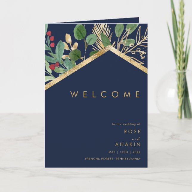 Modern Christmas Greenery | Navy Folded Wedding Programme (Front)