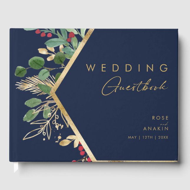 Modern Christmas Greenery | Navy Guest Book (Front)