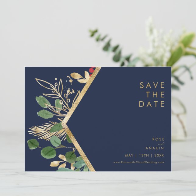 Modern Christmas Greenery | Navy Horizontal Save The Date (Standing Front)