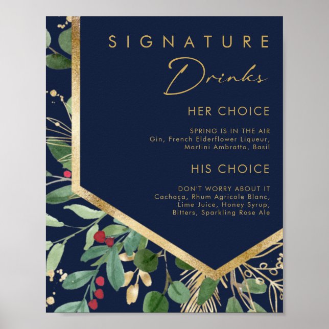 Modern Christmas Greenery | Navy Signature Drinks Poster (Front)
