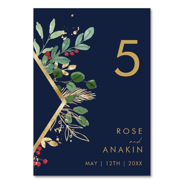 Modern Christmas Greenery | Navy Table Number (Front)