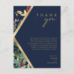 Modern Christmas Greenery Navy Thank You Card