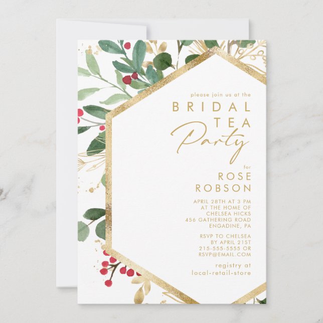 Modern Christmas Greenery | White Bridal Tea Party Invitation (Front)