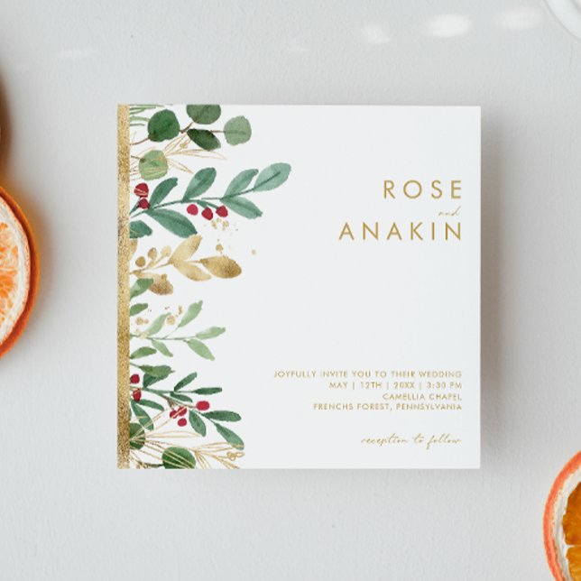 Modern Christmas Greenery | White Square Wedding Invitation (Creator Uploaded)