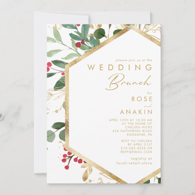 Modern Christmas Greenery | White Wedding Brunch Invitation (Front)