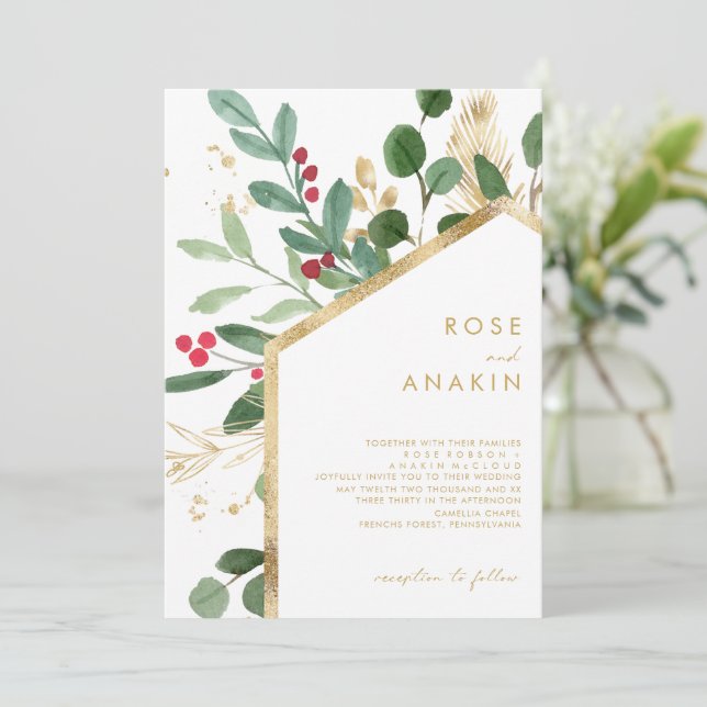 Modern Christmas Greenery | White Wedding Invitation (Standing Front)