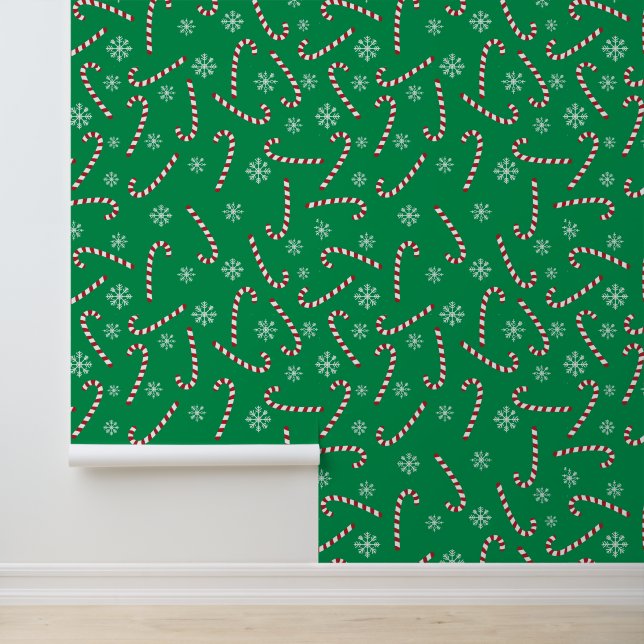 Modern Christmas Holiday Candy Cane Snow Pattern Wallpaper (Application)