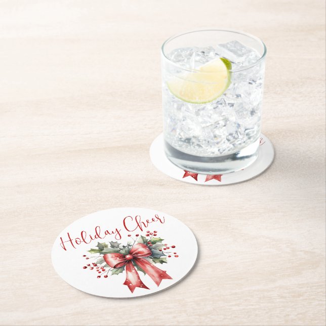 Modern Christmas Holiday Cheer Script Red Bow Round Paper Coaster (Insitu)