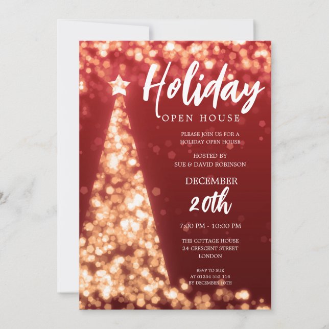 MODERN Christmas Holiday Open House Party Red Gold Invitation (Front)
