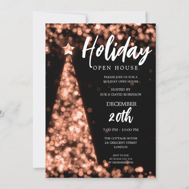 MODERN Christmas Holiday Open House Rose Gold Invitation (Front)
