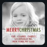 MODERN CHRISTMAS | HOLIDAY PHOTO RETURN ADDRESS SQUARE STICKER<br><div class="desc">Modern Christmas photo holiday return address sticker with red and green bold text overlay. ELKE CLARKE© Versatile design with the words "Merry Christmas" in red and green. Add your picture,  your name and address,  in a retro,  simple typography text font,  and send to family and friends for the holidays.</div>