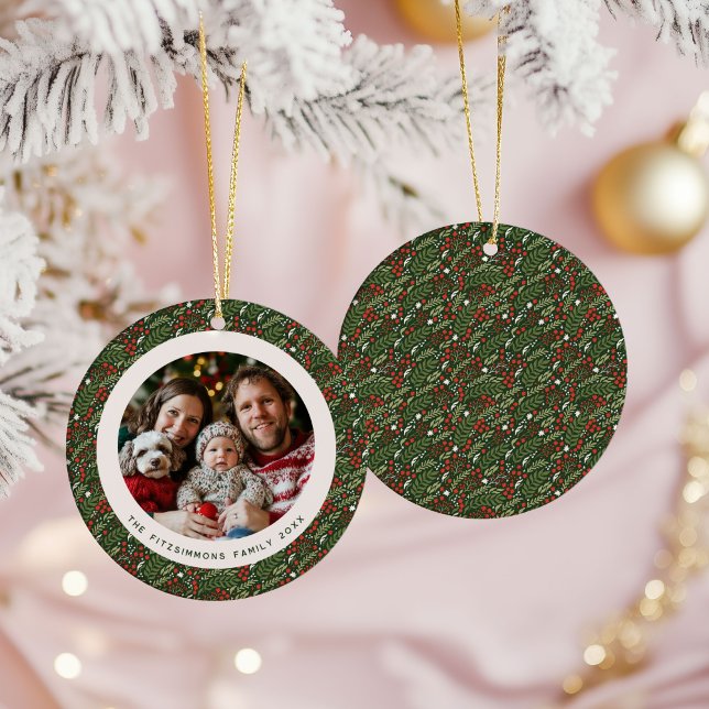 Modern Christmas Holly Foliage Family Photo Ceramic Tree Decoration (Holly Leaf Christmas one photo ornament)