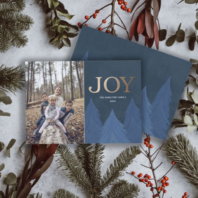 Modern Christmas Joy Gold & Blue Trees  Holiday Card (Creator Uploaded)