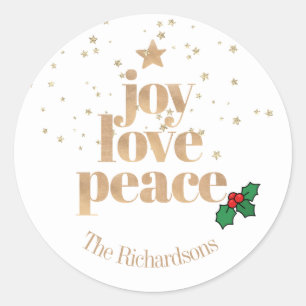 Modern Christmas "Joy, Love, Peace" Gold Classic R Round Sticker